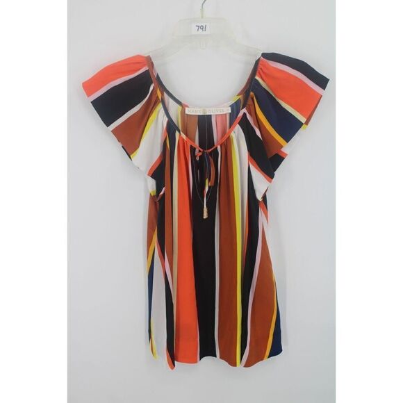 MARIE OLIVER XS STRIPED FLUTTER SLEEVE TIE NECK WITH GOLD EMBELLISHMENT 100 SILK - Picture 1 of 6